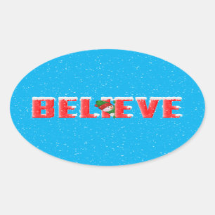 Roter Text BELIEVE mit Schneemann Ovaler Aufkleber