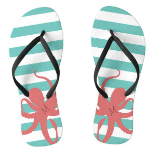 Roter Tintenfisch, moderner Strand, weiß, aquamari Flip Flops