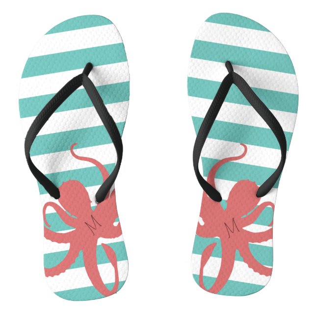 Roter Tintenfisch, moderner Strand, weiß, aquamari Flip Flops (Fußbett)