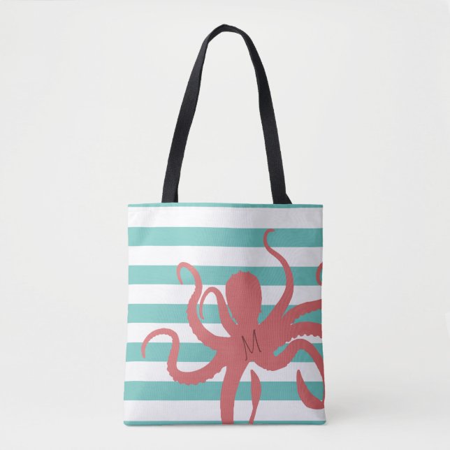 Roter Tintenfisch, moderner Strand, weiß, aquamari Tasche (Vorderseite)