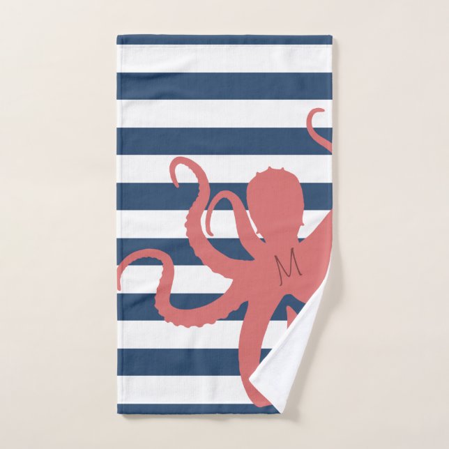 Roter Tintenfisch, moderner Strand, weiß, blau ges Badhandtuch Set (Handtuch)