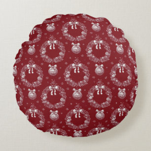 Roter Toile De Jouy Weihnachtskranz und Ornament Rundes Kissen