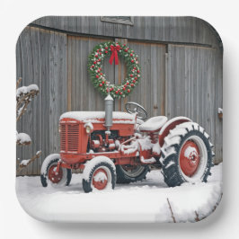 Roter Traktor mit Weihnachtskranz Pappteller
