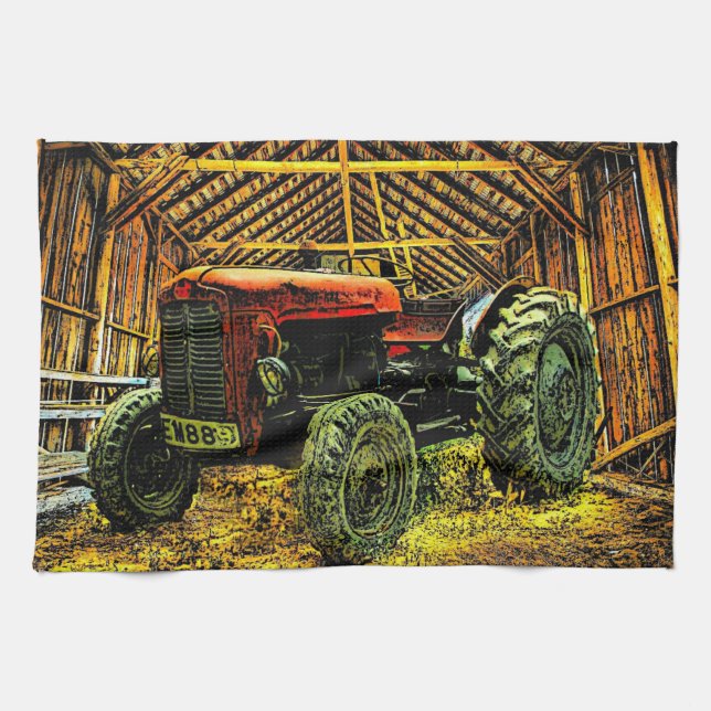 Roter Traktor Rustikaler Stall Geschirrtuch (Horizontal)