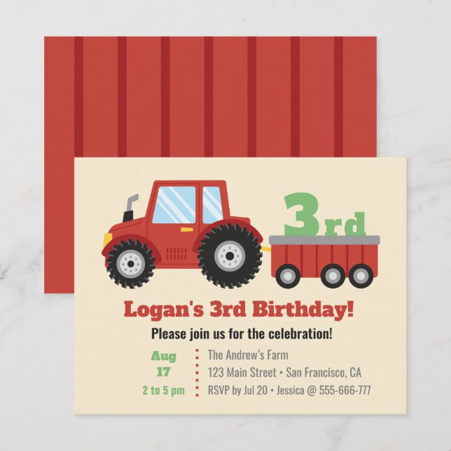 Roter Traktor und Kindergeburtstag Party Einladung (Vorne/Hinten)