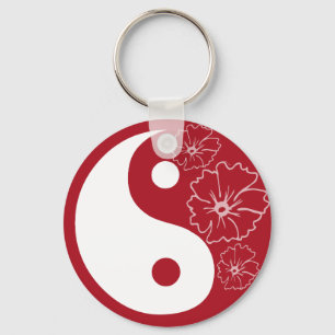 Roter tropischer Blume Yin Yang Schlüsselanhänge Schlüsselanhänger