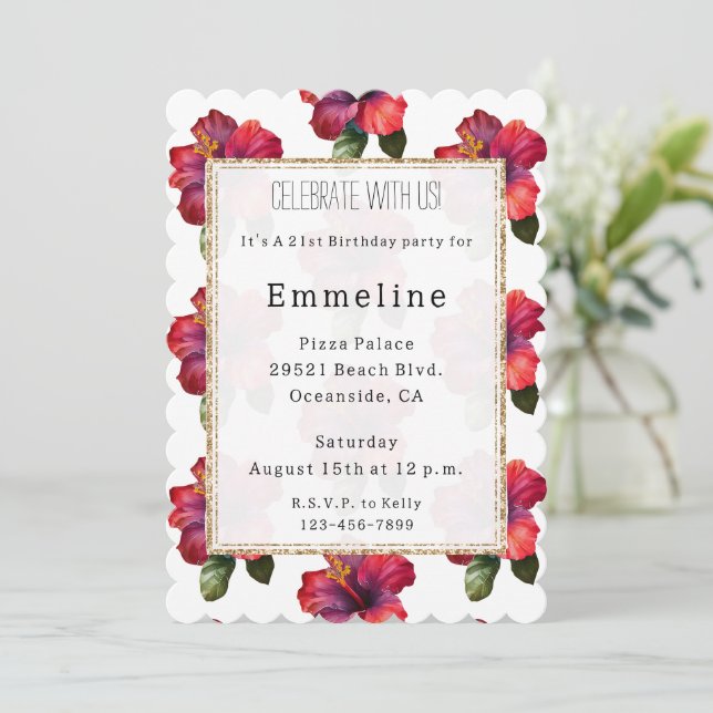 Roter tropischer Hibiskus Floral Gold Glitzer Gebu Einladung (Stehend Vorderseite)