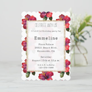 Roter tropischer Hibiskus Floral Gold Glitzer Gebu Einladung