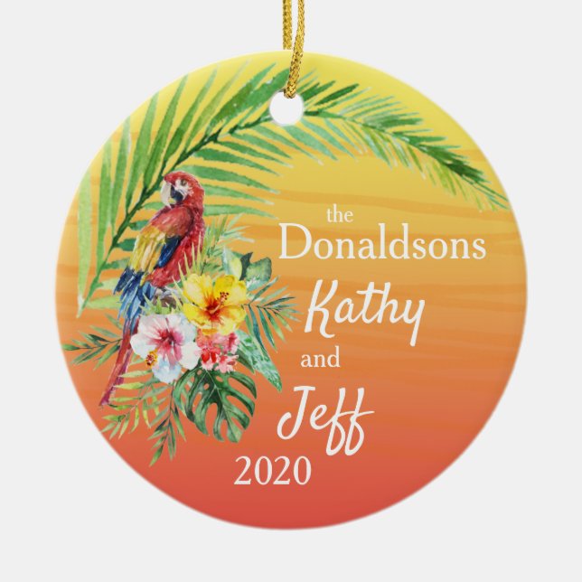 Roter tropischer Papagei Palmblättrige Blume Namen Keramik Ornament (Vorne)