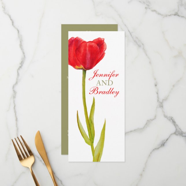 Roter Tulpe Abendmenü für Hochzeitsfeiern mit grün Menükarte (Vorderseite/Rückseite Beispiel)