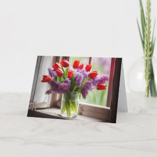 Roter Tulpen- und Flieder-Geburtstagsstrauß Karte