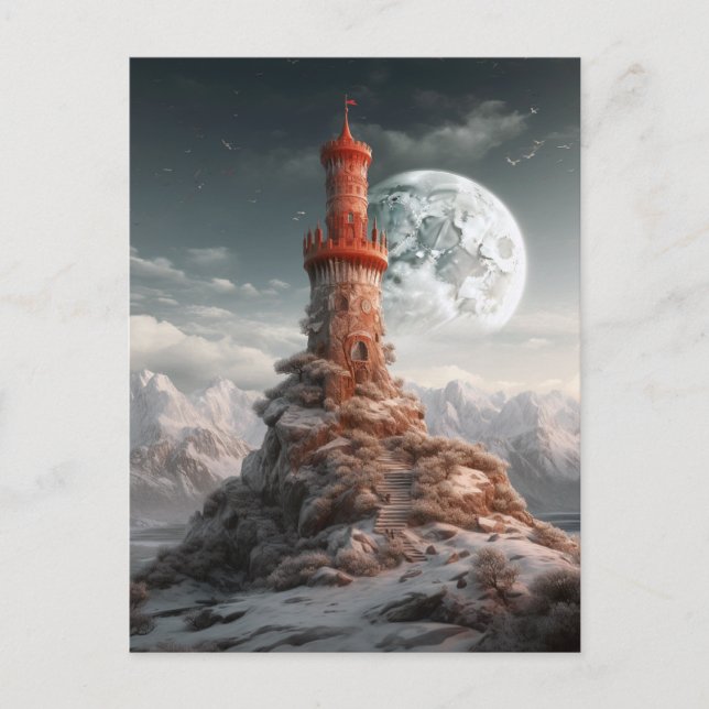 Roter Turm Vollmond Landschaft Fantasie Art Postkarte (Vorderseite)
