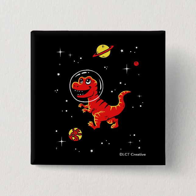 Roter Tyrannosaurus Rex Dinos im All Button (Vorderseite)