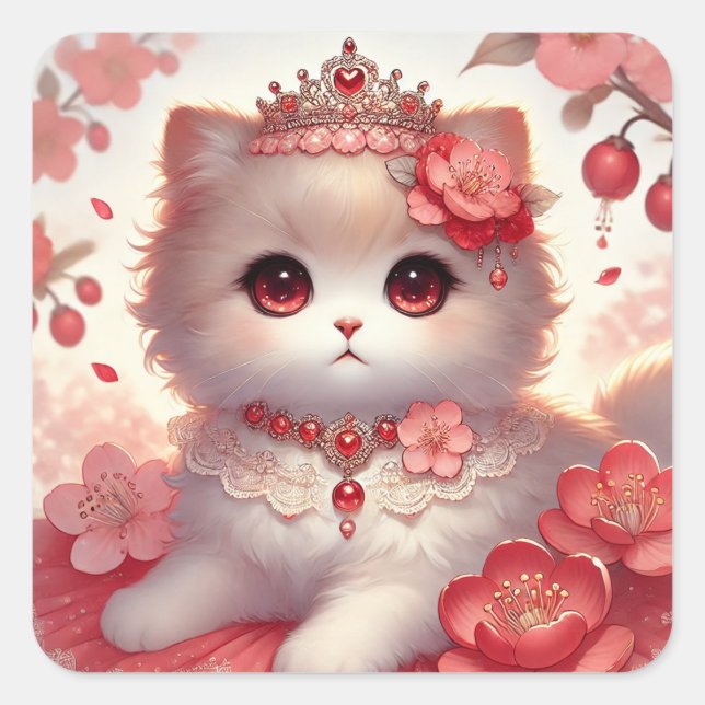 Roter Ume Plum Blossom Princess Cat Quadratischer Aufkleber (Vorderseite)