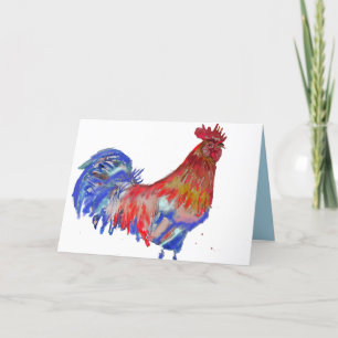Roter und blauer Hahn Aquarell-Huhn Cockerel Karte