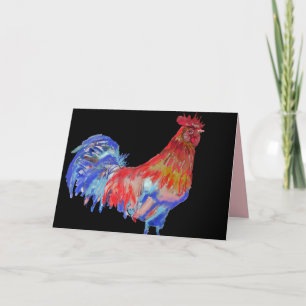Roter und blauer Hahn Aquarellkarte Schwarz Karte