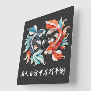 Roter und blauer Koi-Prosperität Yin Yang Quadratische Wanduhr