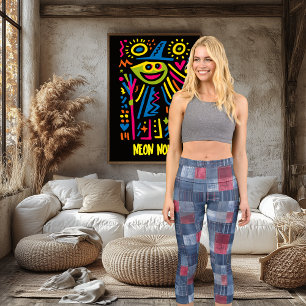 Roter und blauer Patchwork-Denim   Modernes rustik Capri Leggings