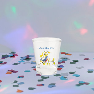 Roter und Blauer Singvogel auf zweigelben Blumen Schnapsglas