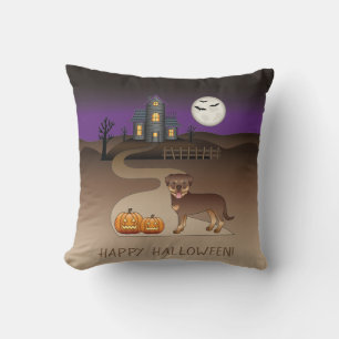 Roter und brauner Rottweiler-Halloween-Spukhaus Kissen