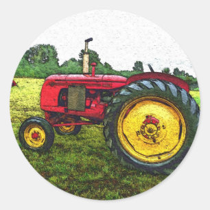 Roter und gelber Ackerschlepper Runder Aufkleber
