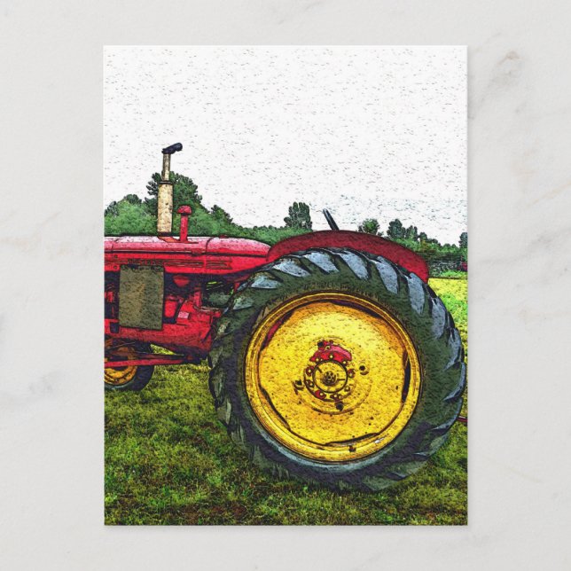 roter und gelber Zuchttraktor Postkarte (Vorderseite)