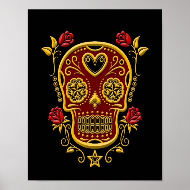 Roter und gelber Zuckerschädel mit Rose auf schwar Poster (Vorne)