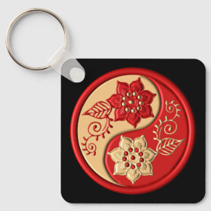 Roter und goldener floraler Yin Yang Schlüsselanhänger