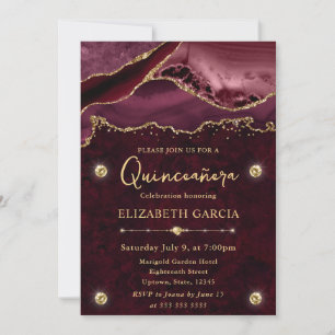 Roter und goldener Glitter-Achat Quinceanera Einladung