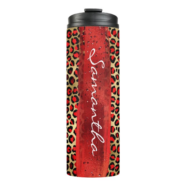 Roter und goldfarbener Leopard Pinselstrich Thermosbecher (Vorderseite)