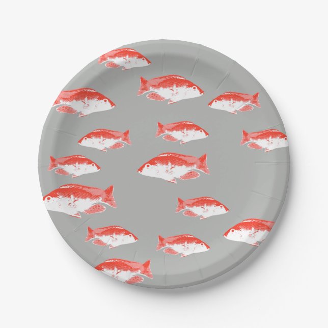 Roter und Grauer Fisch Pappteller (Vorderseite)