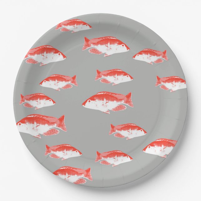 Roter und Grauer Fisch Pappteller (Vorderseite)