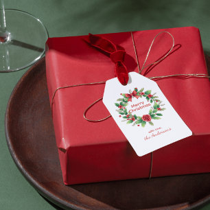 Roter und grüner Frohe Weihnachten Wasserfarbe Kra Geschenkanhänger