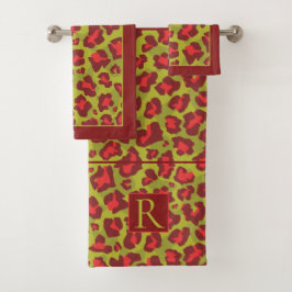 Roter und grüner Leopardendruck und Monogramm Badhandtuch Set