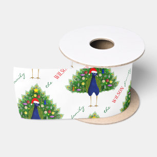 Roter und grüner Weihnachtsbaum-Pfauenmuster Satinband