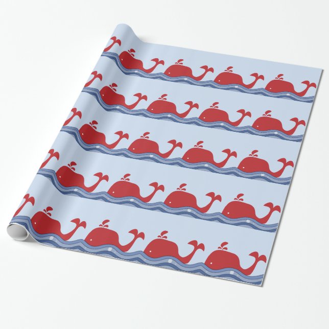 Roter und Navy Blauer Whale Geschenkpapier (Ungerollt)