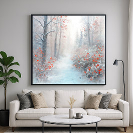 Roter und schneebedeckter Wald - Impressionistisch Poster