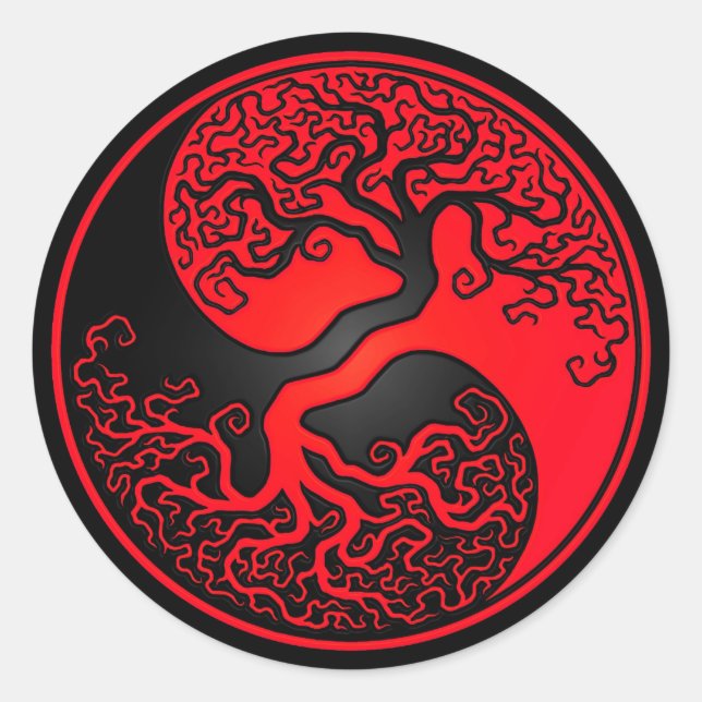 Roter und schwarzer Baum des Lebens Yin Yang Runder Aufkleber (Vorderseite)