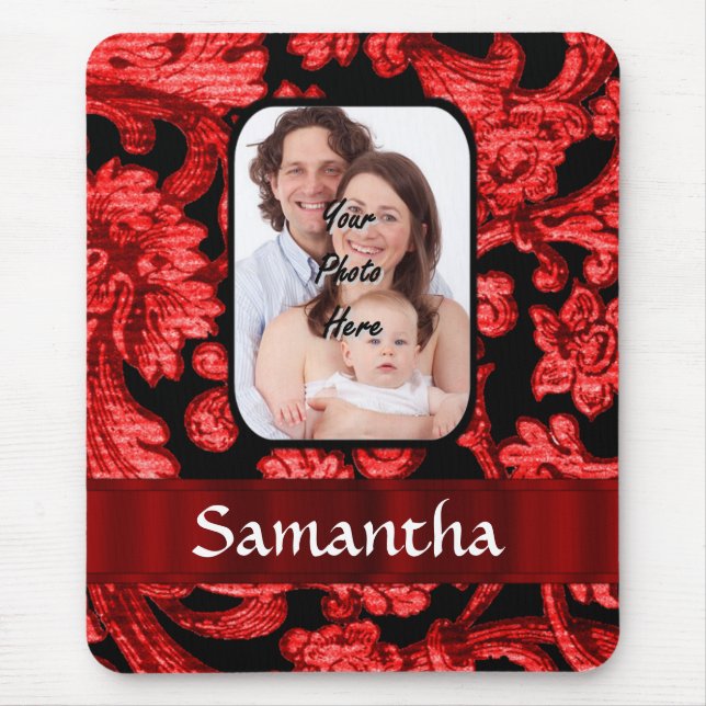 Roter und schwarzer Blumendamast Mousepad (Vorne)
