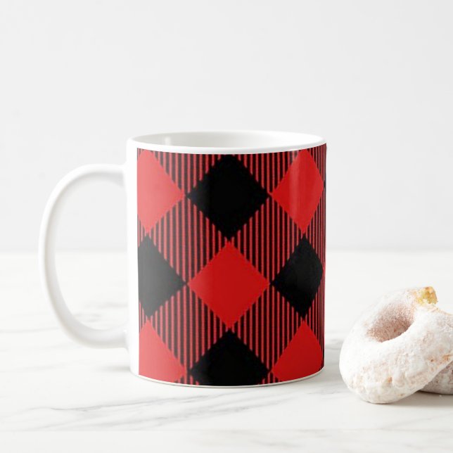 Roter und schwarzer Büffel-karierte Kaffee-Tasse Kaffeetasse (Mit Donut)