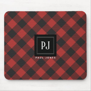 Roter und schwarzer Büffel-kariertes Monogramm Mousepad