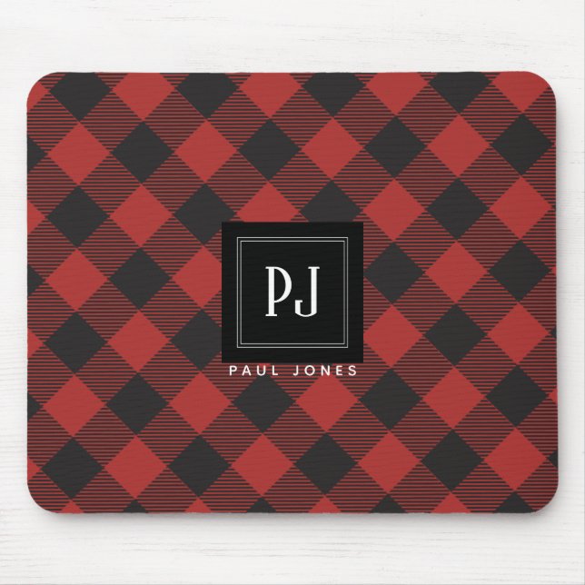 Roter und schwarzer Büffel-kariertes Monogramm Mousepad (Vorne)