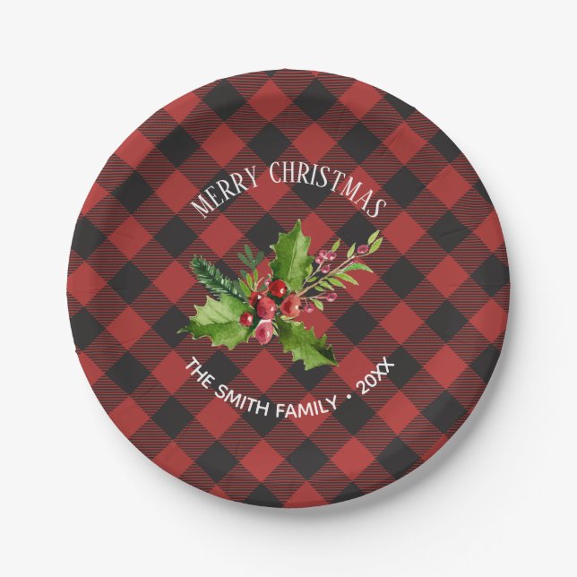 Roter und schwarzer Büffel-kariertes Weihnachten Pappteller (Vorderseite)
