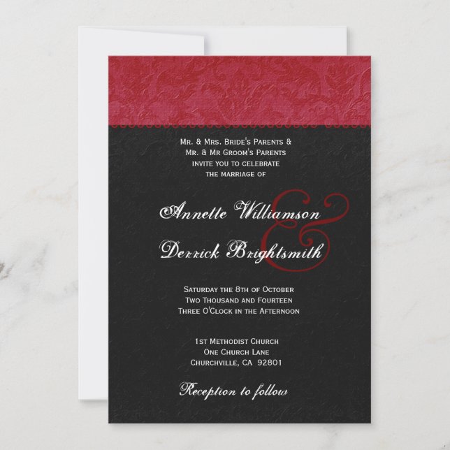 Roter und schwarzer Damast, der B734 Wedding ist Einladung (Vorderseite)