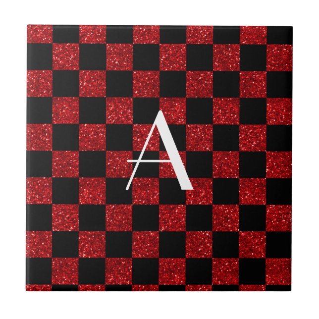 Roter und schwarzer Glitzer in Monogramm Fliese (Vorderseite)