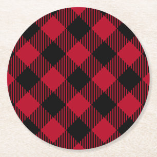 Roter und schwarzer Karo-Büffel-kariertes Muster Runder Pappuntersetzer