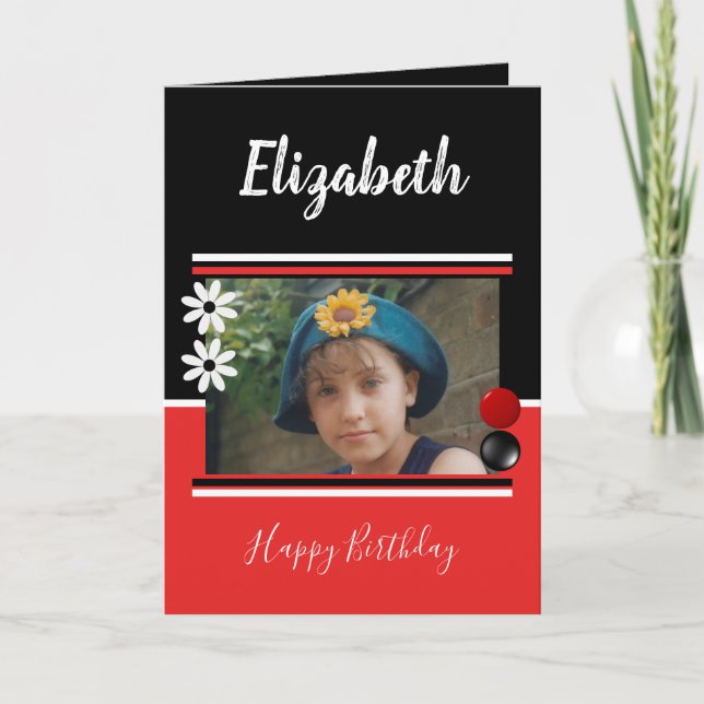 Roter und schwarzer Name und Foto Happy Birthday Karte (Vorderseite)