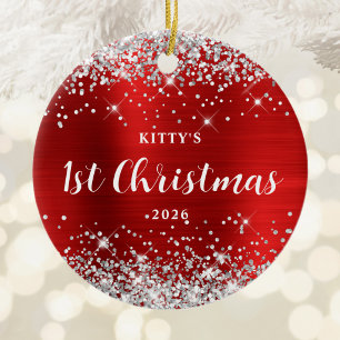 Roter und silberner Glitter 1. Weihnachts-Kätzchen Keramik Ornament