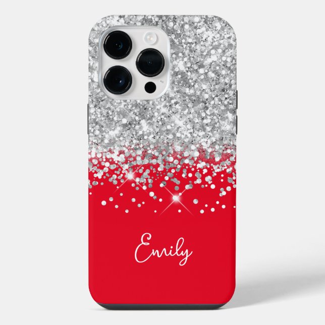 Roter und silberner Glitter-Glamour iPhone 14 Pro Max Hülle (Rückseite)