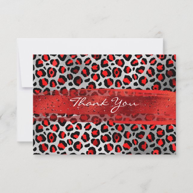 Roter und Silberstreifen Leopard Pinselstriche Dankeskarte (Vorderseite)